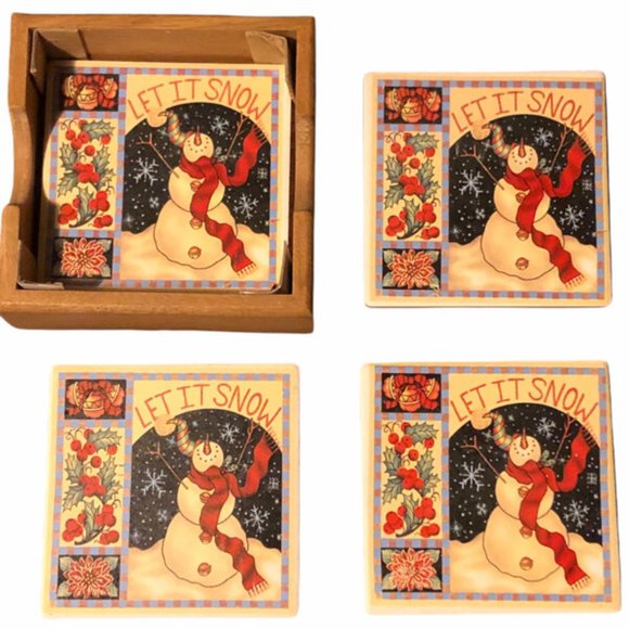 Coasters Snowman Let It Snow Christmas Set of 4 New Absorbent Stone Winter - Picture 2 of 4
